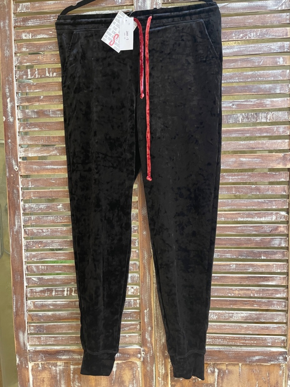Lularoe Jax smasize small Black Velvet Jogger Pants with cranberry RedDrawstring